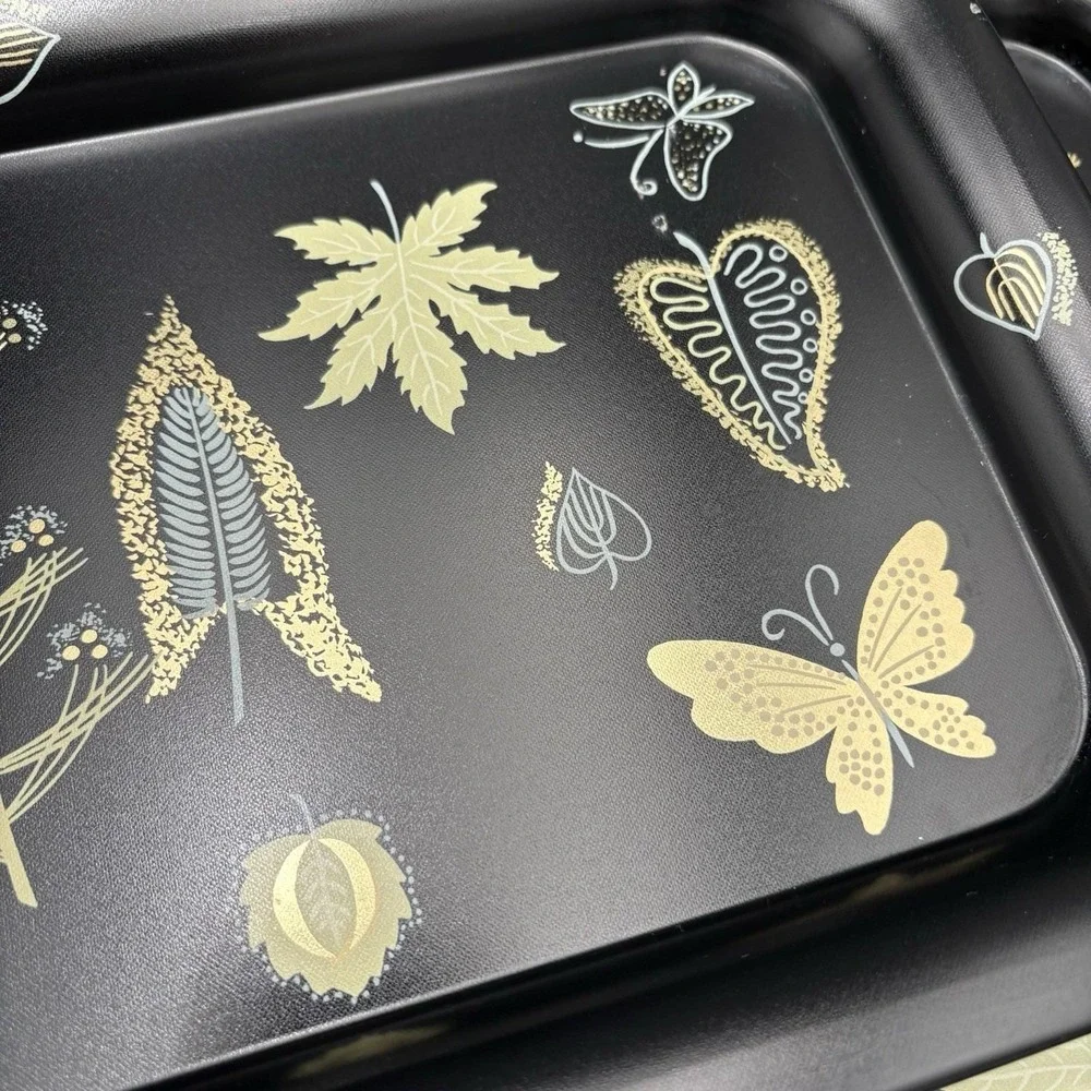 MCM Metal Trays Serving Platters Butterflies Leaves Flowers Black Gold 1960 8pc